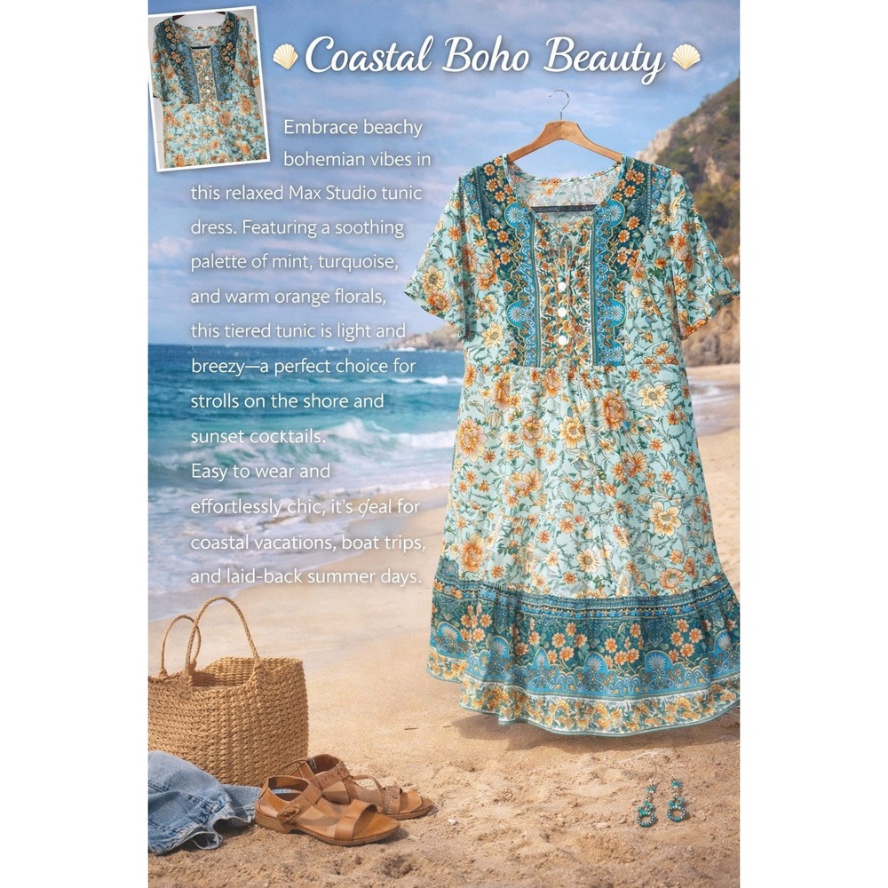 Boho Women Mint Floral Boho Tunic Dress Tiered Coastal Turquoise Orange S